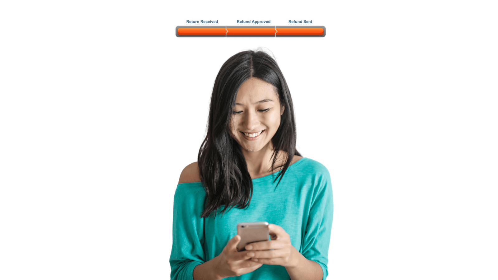 Happy Asian American female looking at her mobile phone and smiling. Above her head is the refund accepted progress status bar from the IRS.