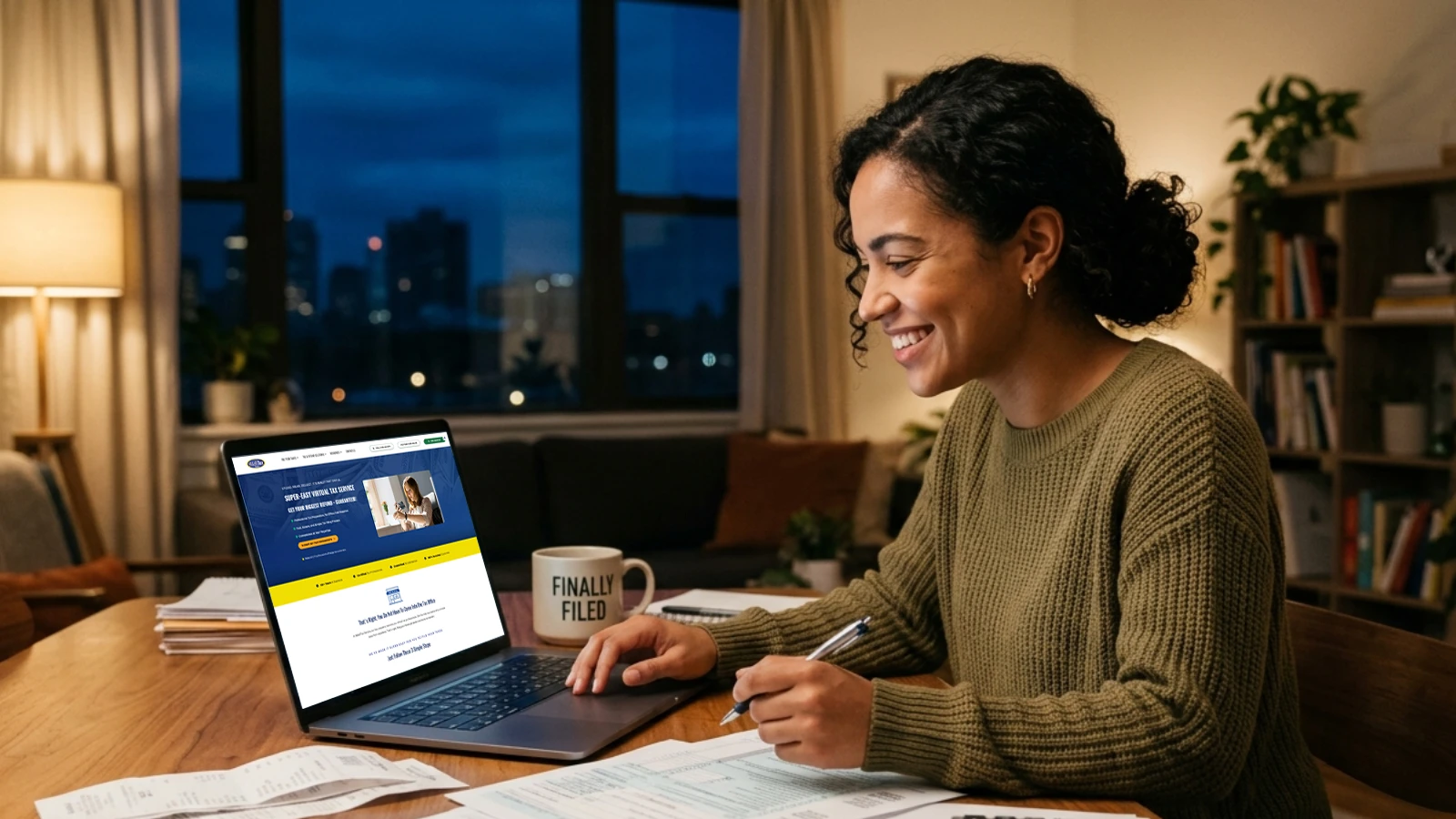 Smiling woman sitting in her home office completing her taxes